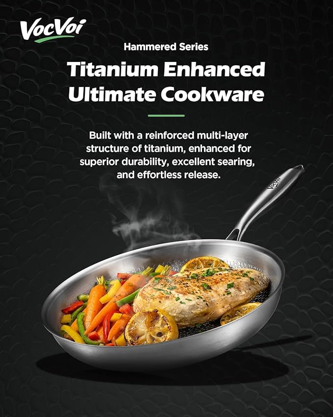 VocVoi Titanium pans for cooking,10"+12" Nonstick pro frying cookware | Uncoated Hammered Pure Titanium, PFOA/PFAS/PTFE Free skillets, Induction & Oven-Safe, Compatible with All Cooktops