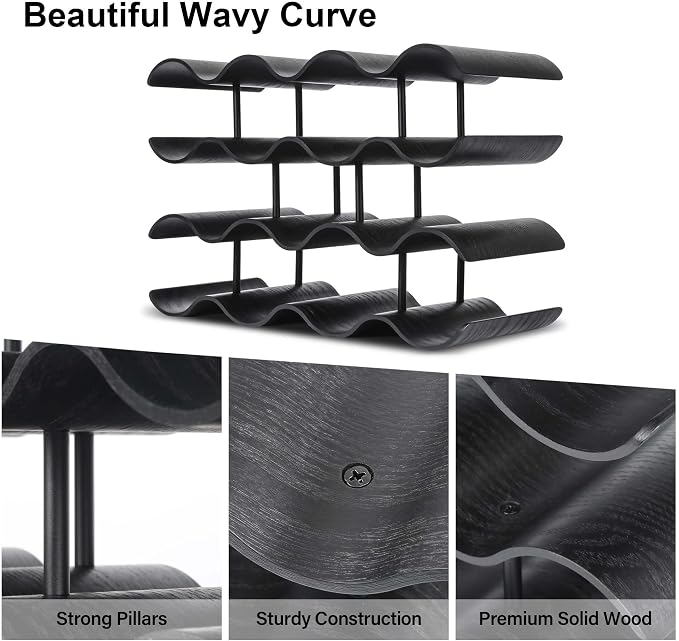 Countertop Wine Rack - 14 Bottle Freestanding Wine Bottle Holder Stand - 4 Tier Wooden Wine Storage Rack - Black Wavy Wine Organizer for Cabinet Pantry Home Kitchen Bar