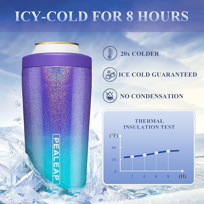 Pealeap 4-in-1 Insulated Slim Can Cooler for All 12oz Cans & Beer Bottles | Double-walled Stainless Steel Vacuum Can Cozy | Keep 8Hrs Cold | Universal Fits 12oz Drinks | No Sweat | Cup Holder Friendly