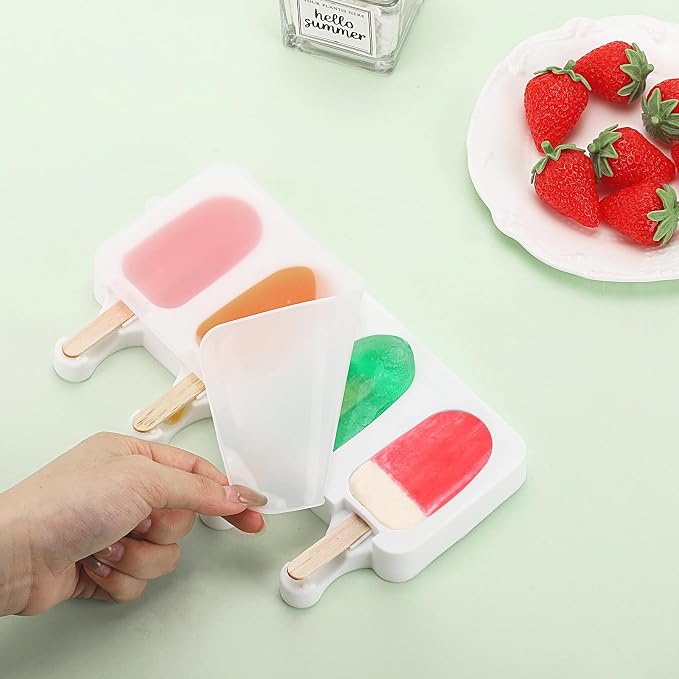 3 Set Small Popsicles Molds with Lids and 100 Pieces Wooden Popsicles Sticks, 4 Cavities Silicone Ice Cream Molds for Making Cakesicles, Cake Pops, Ice Cream - BPA Free