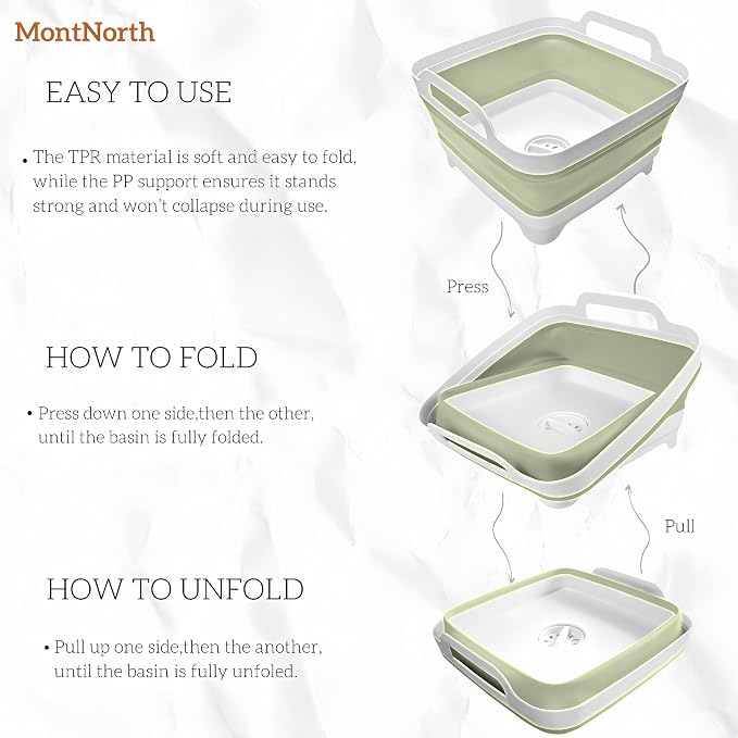 Collapsible Wash Basin 9L, Foldable Dish Tub with Drain Plug, Portable Collapsible Dish Basin, Camping Sink for Washing Dishes, Laundry & Kitchen Use (Green)