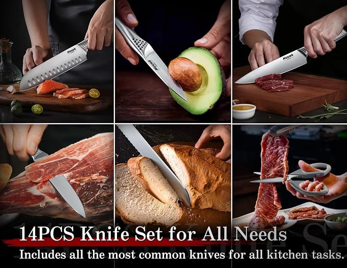 Huusk Kitchen Knife Set with Block & Built-in Sharpener - 14 pcs | Japanese Stainless Steel Knife Block Set, Sharp Chef Knife Set with Scissors, Ergonomic Handle, Gifts for Men Women