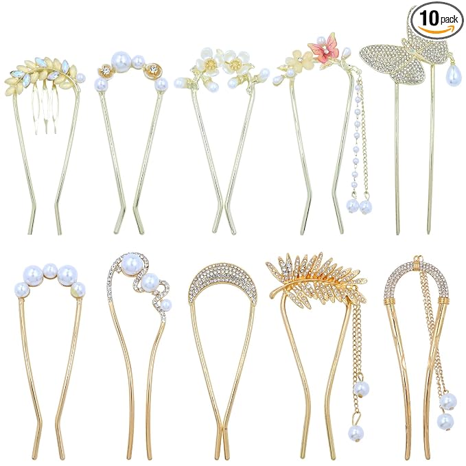 Lawie 10 Pack Cute Flower Butterfly U Shaped Gold Metal Hair Fork Pins Curved Chopsticks for Hair Sticks with Dangles French Hair Pins Bun Holder Decorative Hair Accessories for Women Girls (Gold A)