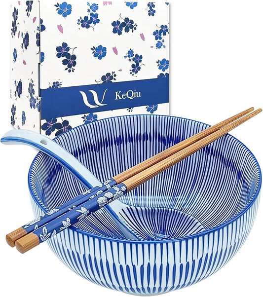 28Oz Ceramic Ramen Noodle Pho Bowl Set with Chopstick&Spoon&Gift box | Lead & Cd Free, Food Safe, Microwave/Oven/Dishwasher Safe, Matching pattern set, foam packed, ideal all-occasion gift