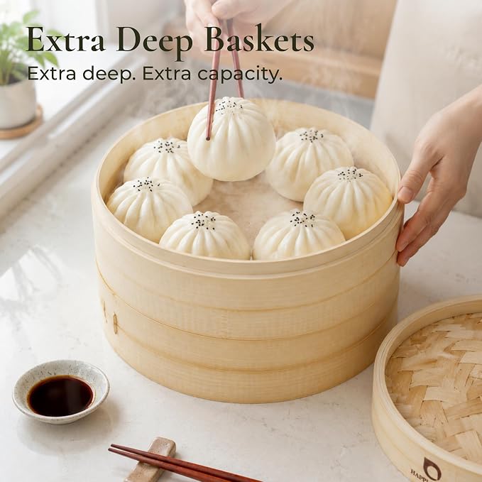 Bamboo Steamer Basket 10 Inch, Extra Deep Dumpling Steamer Set | Incl. Silicone Liners & Steel Ring, Steam Basket For Pot & Wok. Vegetable & Food Steamer For Dim Sum, Bao Buns
