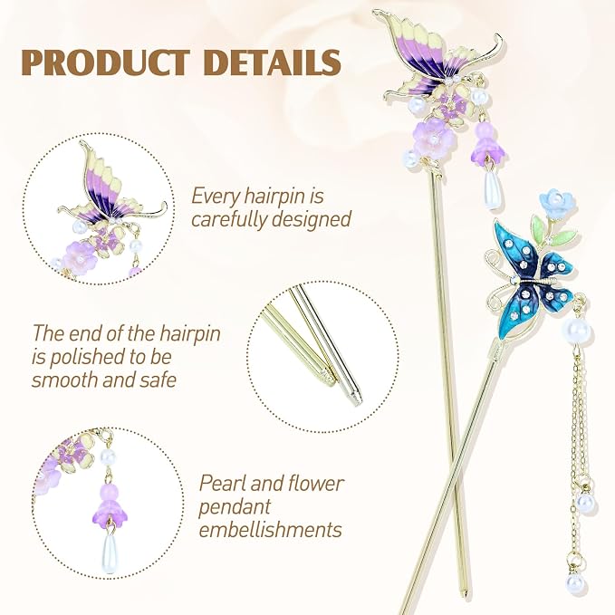 inSowni 8 Pieces Retro Asian Chinese Traditional Hanfu Gold Metal Fan Lotus Flower Butterfly Hair Pins with Bead Pendants Long Hair Sticks Forks Bun Updo Holders Hairpins for Women Girls (8PCS S6)