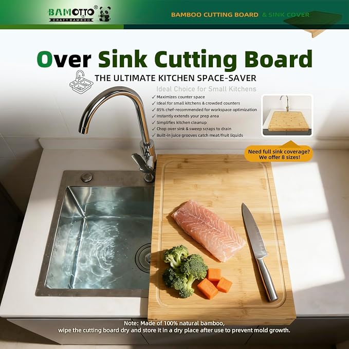 BAMOTTO CRAFTBAMBOO 15.8x22 Inch Large Bamboo Cutting Board Sink Cover | Non-Slip Detachable Lip | Reversible with Juice Groove | Kitchen Countertop Board Noodle Board | Stovetop Cover