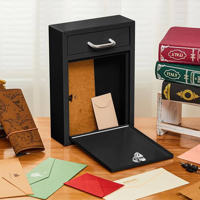 Yaocom Locking Mailbox with Key for Outdoor 12.2 x 8.5 x 3 Inches Large Wall Mount Mail Box with Lock Security Mail Drop Metal Collection Boxes Hanging Secure Postbox(Black)