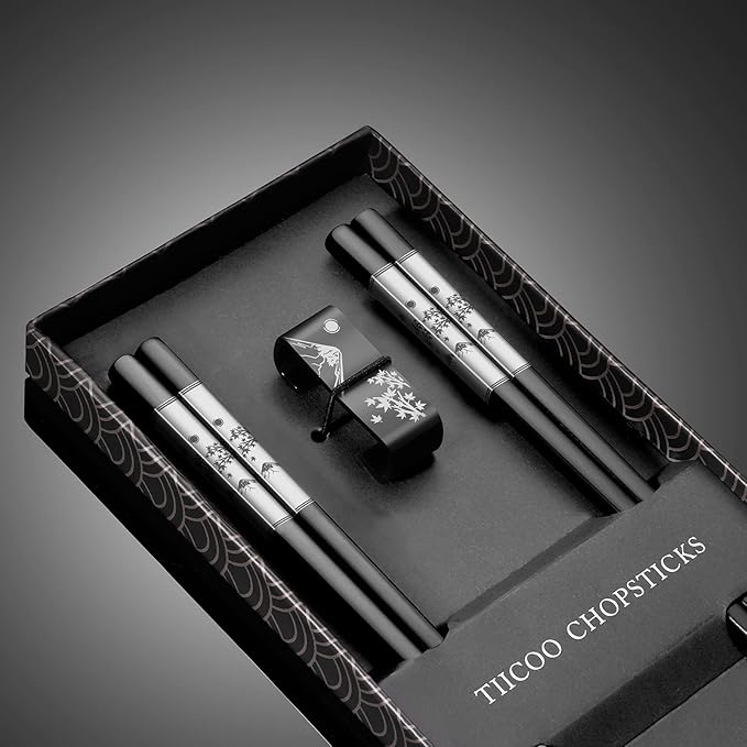 Premium 304 Stainless Steel Chopsticks Set - 2 Pairs Titanium Plated Japanese Style with Laser Engraved Design, Dishwasher Safe, Non-Slip Grip, Elegant Gift Box (Black)