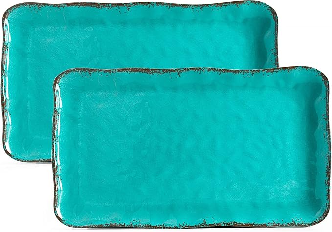 LEHAHA Vintage Melamine Serving Tray Set, Rectangular Large Serving Trays/Platters Set for Serving Food, BPA Free Food Serving Platters and Trays, Set of 2, 17.5"x 10", Teal