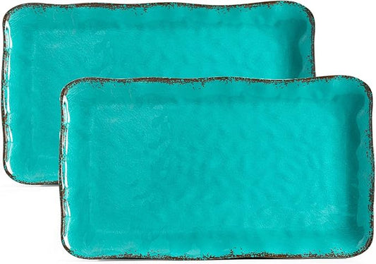 LEHAHA Vintage Melamine Serving Tray Set, Rectangular Large Serving Trays/Platters Set for Serving Food, BPA Free Food Serving Platters and Trays, Set of 2, 17.5"x 10", Teal