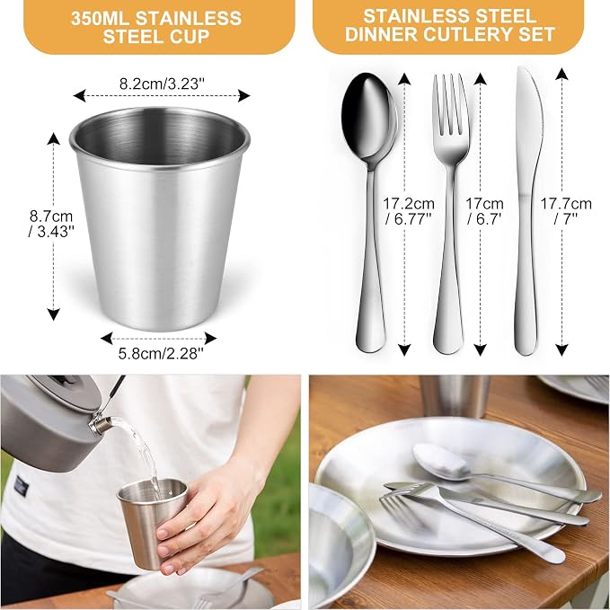 Odoland Stainless Steel Camping Mess Kit for Family & Person | Cooking Tableware Utensils with Plates Bowls Forks Spoons Knives & Savings Bag for Camping, Backpacking, Hiking, Picnic