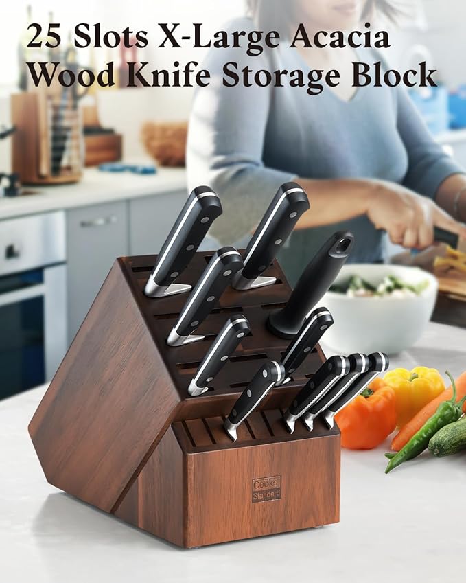 Cooks Standard Cutlery Block Holder without Knives, X-Large Universal Countertop Butcher Block Kitchen Knife Stand for Easy Kitchen Storage, Made of Natural Acacia Wood, 25 Slot