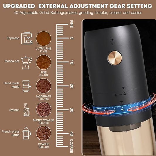 Portable Electric Coffee Grinder， Upgraded External Adjustable 40 Levels Fine to Coarse Settings, Stainless Steel Conical Burr Rechargeable and Faster Grinding for Office,Home,Camping,Travel,Black