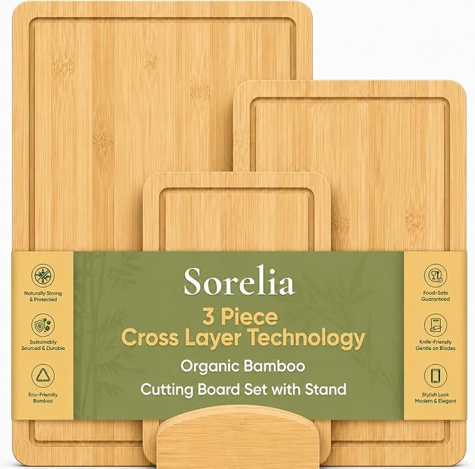 3-Piece Bamboo Cutting Boards - Groove, Handles, 15/12/9" - Light Natural | Bamboo boards with juice groove for prep, serving side for charcuterie