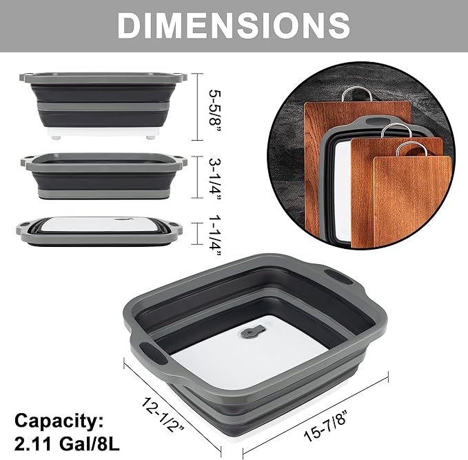Collapsible Cutting Board with Container, Foldable Camping Sink with Colander, BBQ Prep Tub with Lid, Multifunction Dish Basin for Kitchen, Bowl, Vegetable and Fruit, 2.11 Gal/8L Storage Basket