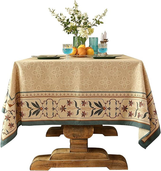 patdrea Designer French Linen Tablecloth for Rectangle Table,Beige Anti-Wrinkle Durable Floral Farmhouse Table Cloth,Decor Covers for Kitchen Dining,Tea Party,Christmas,Thanksgiving,63"x87"-Fram