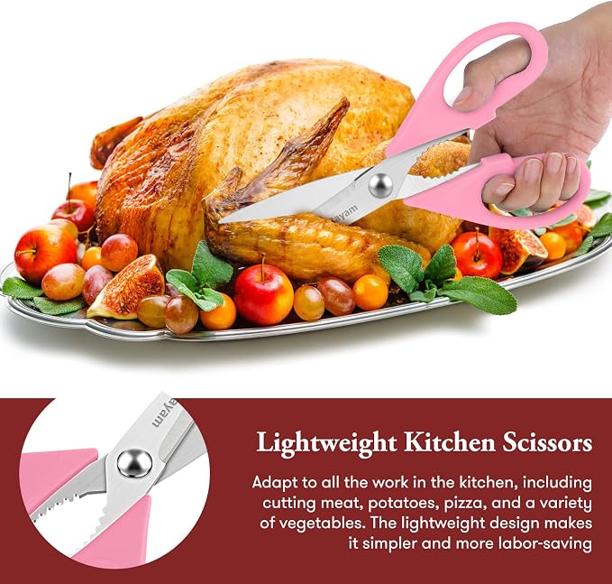 iBayam Pink Kitchen Scissors All Purpose Heavy Duty & Comfort Grip & Cover | Dishwasher Safe, 8.7" Stainless Steel Sharp Scissors Food Poultry, 2-Pack Pink Kitchen Utensils Gadgets for Cooking & Baking