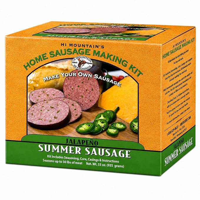 Hi Mountain JALAPENO Summer Sausage Kit | Complete sausage seasoning kit. Includes: Seasoning, cure & 10 casings. Beef, pork, venison, deer, elk. Makes up to 30 lbs