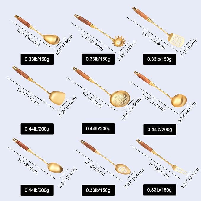 Gold Kitchen Utensils Set Stainless Steel 9 PCS with Wooden Handle | Food-grade 304, Sturdy, Wooden Handle, Anti scald, Work with large batches, Good weight, Well Balance, 13-14 Inch