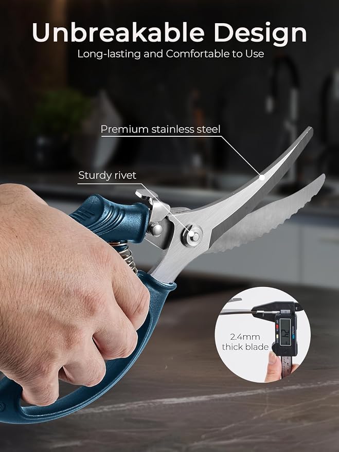 Poultry Shears, Heavy Duty Kitchen Shears With Anti-Slip Handle & Safety Lock, Poultry Scissors for Meat, Chicken, Bone,Turkey, Fish, Spring Loaded, Dishwasher Safe(Navy Blue)