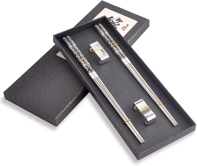 Metal Chop Sticks Reusable Dishwasher Safe with Holder, SUS 304 Stainless Steel Chopsticks, Elegant Chopsticks Reusable Non-Slip Design Gift Set (Metal)