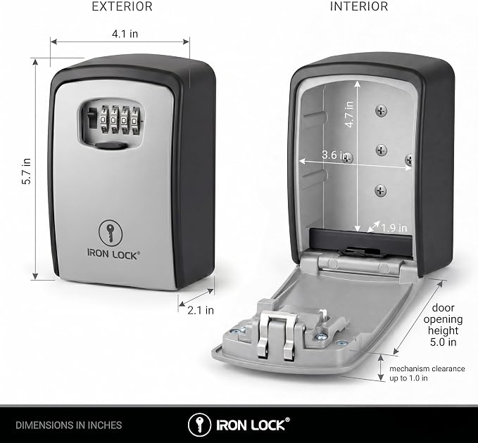 Iron Lock® XXL Wall Mount Key Lock Box, Outdoor Combination Code (Grey) | Fits 20-30 spares plus fobs & cards; unique built-in tray so keys don't fall out; dial cover; screws & anchors included