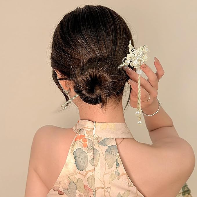 2Packs Lily of the Valley Chinese Hair Sticks for Buns, Pearl Flower Vintage Metal Hair Chopsticks for Women and Girls Dangle Tassel Pendant Accessories Hanfu Handmade Decor Hairpin (pearl white)