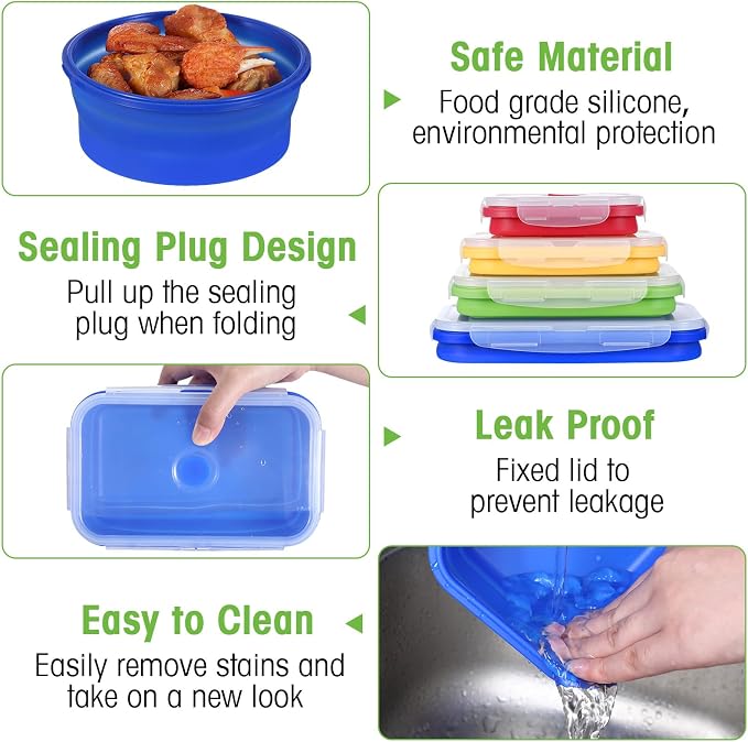 Yaomiao 16 Pack Collapsible Food Storage Containers with Lid Air Vent Foldable 8 Rectangle Storage Bowl and 8 Round Silicone Food Bow for Lunch Camping Rv Accessories Microwave Freezer(Bright Colors)
