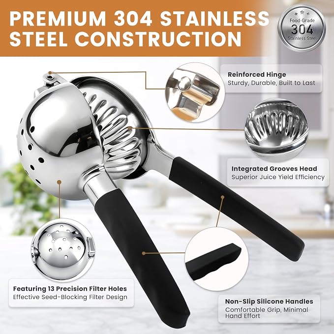 Rekix 304 Stainless Steel Lemon Squeezer, Max Extraction Hand Press Lemon Juicer, 3.4" Bowl Extra Large Orange Juicer, Manual Lime Squeezer, Handheld Citrus Fruit Squeezer for Kitchen Bar