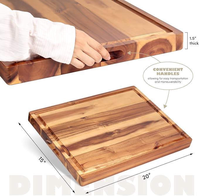 XL Acacia Wood Cutting Board (20x15x1.5in) and Wooden Butcher Block, Chopping Board-Reversible Multipurpose For Meat, Cheese Board, Vegetables, Bread with Juice Groove, Cracker Holder & Inner Handles