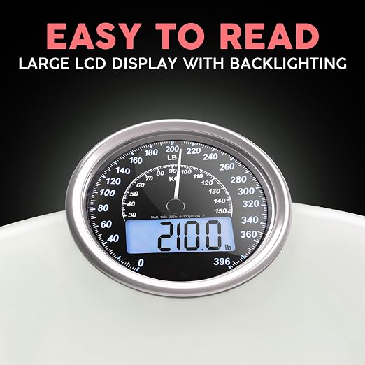 Hybrid Bathroom Scale - Analog & Digital Display, Accurate to 400 lbs | See weight on both an analog dial and digital LCD at once. Wide glass platform, accurate to 0.2 lbs, batteries included.