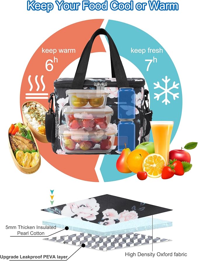 Lunch Bags for Women/Men, Insulated Lunch Bag for Work Office - Lunch Cooler Bag Leakproof Lunch Box with Adjustable Shoulder Strap - Pink flower