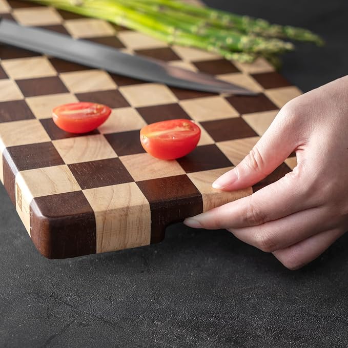 Wood Cutting Board Butcher Block, Wooden Chopping Board with Checkerboard Pattern and Inner Side Handles Meat Cheese Charcuterie Board, Ideal for Chopping, Slicing, and Dicing 15 * 8 inch