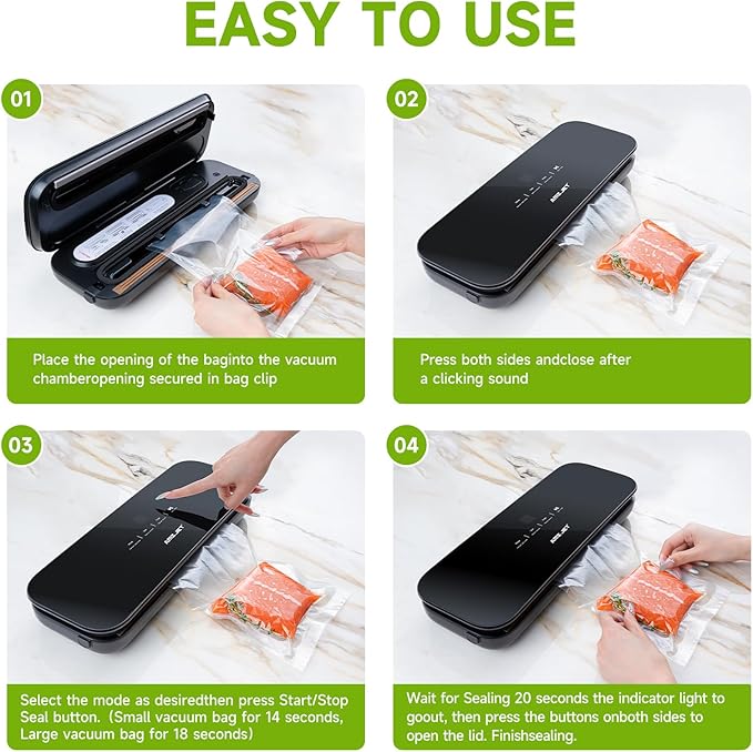 Vacuum Sealer for Food - Tempered Glass Panel, LED Touch Control, Digital Display, Pulse/Moist/Dry/Seal/External Suction Modes, Includes 30 Vacuum Bags & Built-in Cutter(Black)