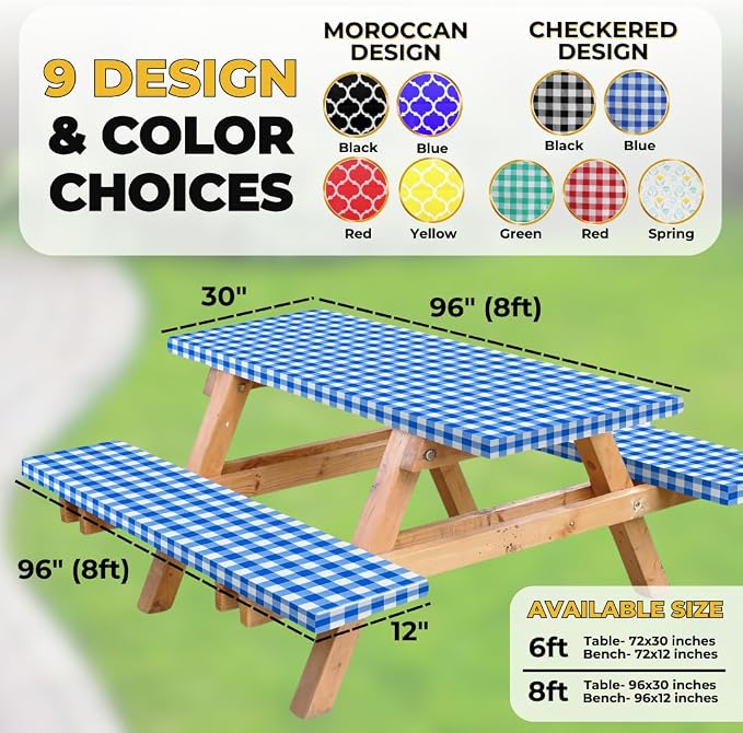 Vinyl Fitted Picnic Table Cover with Bench Covers & Bag 8ft Blue Checkered | Vinyl Fitted Picnic Table Cover with Bench Covers and Bag, Outdoor Waterproof Windproof Picnic Tablecloth with Elastic Edges.
