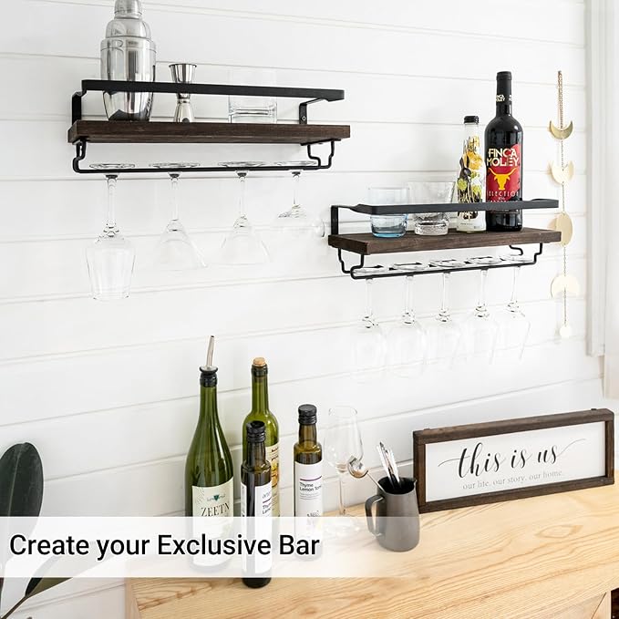 Mkono Wall Mounted Wine Rack Set of 2 Wood Rustic Wine Bottle Glass Floating Shelves with Stemware Hanger Modern Plants Photos Wine Display Storage Holder for Kitchen Dining Room Bar, 17 Inch | Space Saving, Stem Hanger, Floating Design, Store Wine Bot...