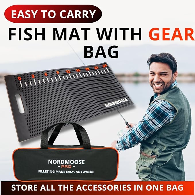 Fish Fillet Mat with Storage Bag and Fish Ruler Decal. Large 28""x14"" Nonslip Fish Cleaning Mat that Grips the Fish - Durable & Easy to Clean, Portable Fish Cutting Board, Black
