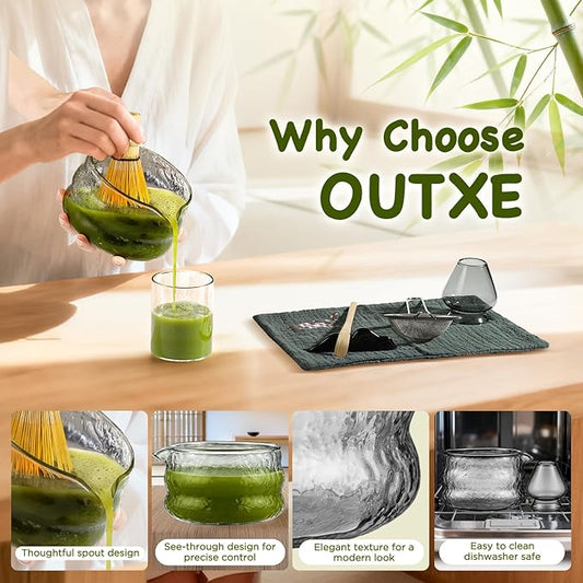OUTXE Matcha Whisk Set, 7 PCS Matcha Kit for Ceremony, with Clear Matcha Bowl, Spout, Bamboo Whisk& Holder, Stainless Steel Sifter, Japanese Ceremonial Gift for Family/Friend/Macha Lover Starter
