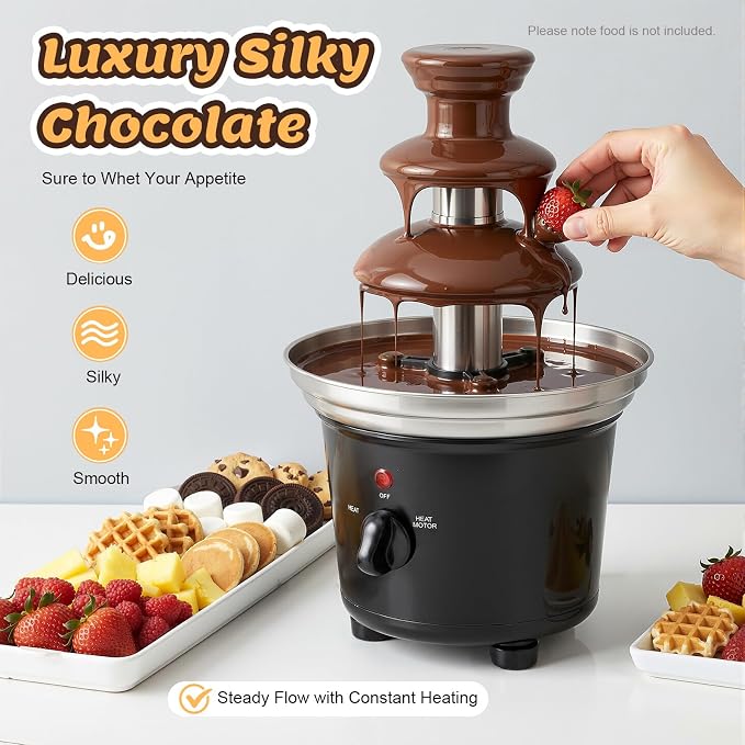 3 Tier Electric Chocolate Fountain, 120v 25w Chocolate Dipping Warmer Machine, 1 lb Capacity Hot Cocoa Fondue Tower, 430 Stainless Steel, Melts Cheese, Queso for Parties, Events & Weddings