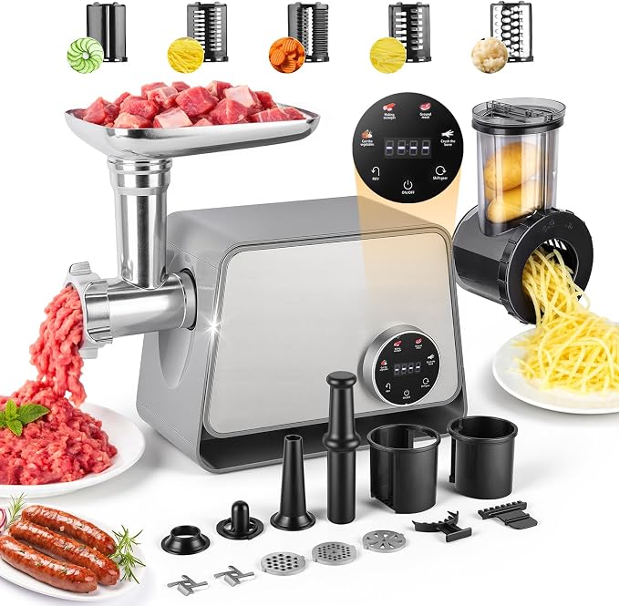 Electric Meat Grinder 1200W Max with Touch Color Screen, Vegetable Cutter,Reverse, and Multi-Function for Meat Grinding, Bone Grinding, Sausage & Meatball Making for Home