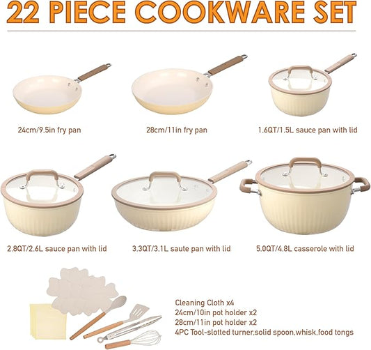 22Pcs Pots and Pans Set Non Stick, Ceramic Nonstick Cookware Set, Kitchen Induction Pots and Pans Cooking Set with Stay Cool Handles, without PFOA, PTFE or PFAS, Cream Yellow