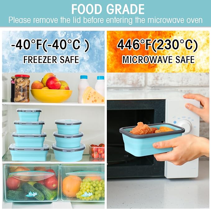 Yaomiao 16 Pack Collapsible Food Storage Containers with Lid Air Vent Foldable 8 Rectangle Storage Bowl and 8 Round Silicone Food Bow for Lunch Camping Rv Accessories Microwave Freezer(Gray, Blue)