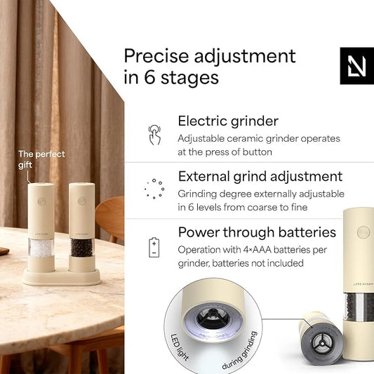 LARS NYSØM Electric Salt and Pepper Grinder Set I Automatic Salt and Pepper Mills with Adjustable Ceramic Grinder I AAA-Battery Operated Electric Spice Mill Set (Almond Beige)