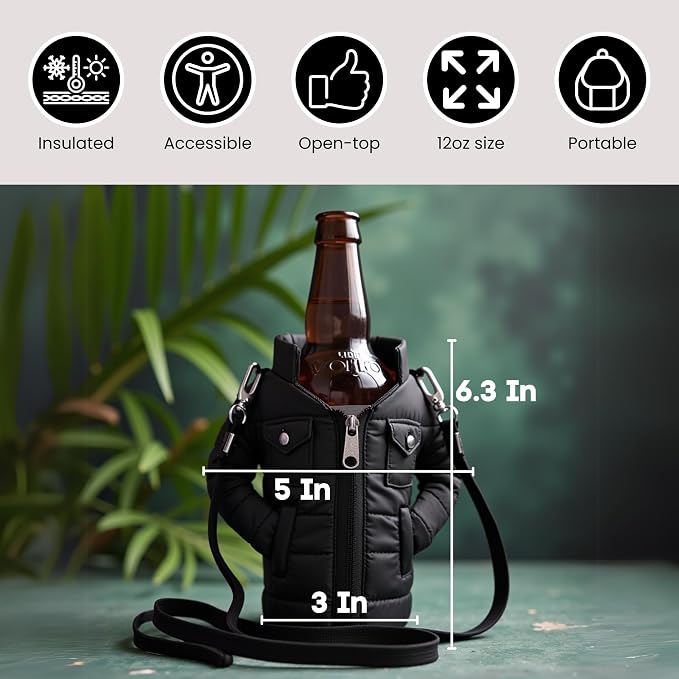 Gadgetime USA - 12oz Insulated Can Cooler Jacket (Black) - Beverage Holder with Detachable Strap - Beer/Soda Carrier - Can Holder with Shoulder Strap, Insulated Sleeve, Funny Gift for Friends & Family