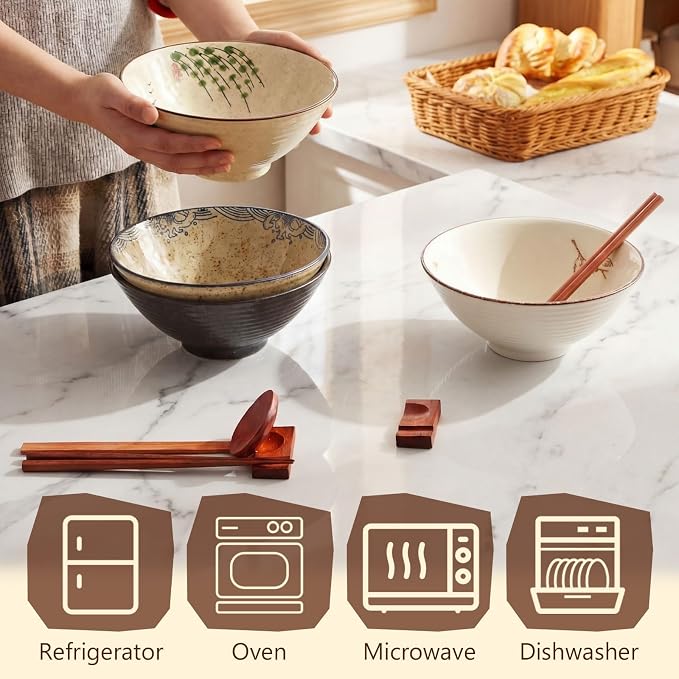 Geiserailie 40oz Ceramic Japanese Ramen Bowls Set of 4, 8 Inch Deep Asian Pho Udon Soup Noodle Bowls with Chopsticks, Spoons & Chopstick Rest -Microwave & Dishwasher Safe(Vintage Style)