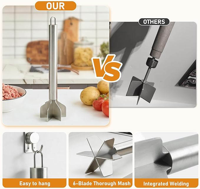Meat Masher, Stainless Steel Ground Beef Masher 10.8Inch Potato Chopper with Handle, 6 Blade Masher Shredder for Kitchen Cooking Hamburger Vegetable Puree