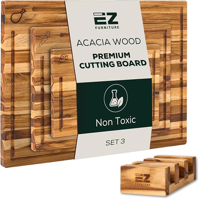 EZ FURNITURE Set of 3 Acacia Edge Grain Cutting & Charcuterie Boards with Extra Stand, Reversible Knife-Friendly Wooden Design with Juice Groove & Handles, Non-Toxic, Gift Box Included