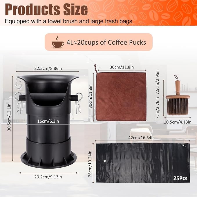 HOMEE 4L Espresso Coffee Knock Box with 25 Garbage Bags with Brush & Towel | Large Capacity and Detachable, Non-Slip Base, Easy to Clean, Barista Style Coffee Knock Box for Home and Commercial Use
