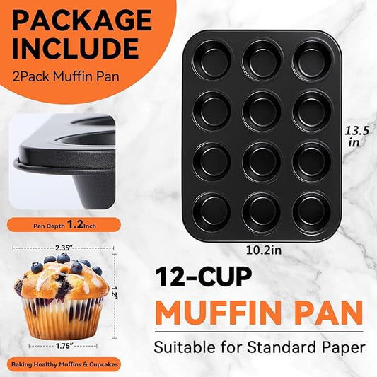 Yoehka 2 Pack Muffin Pan for Baking, Nonstick Cupcake Pan Set, Standard 12-Cups Muffin Tin for Baking Cupcakes, Carbon Steel Baking Supplies